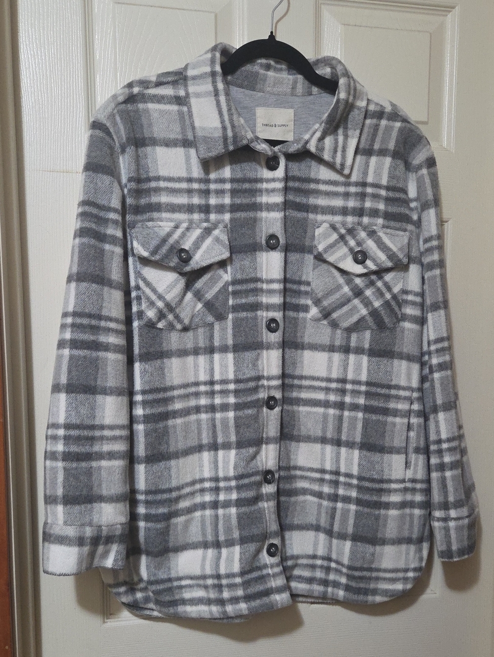 Thread & Supply Gray and White Plaid Button-Up Shacket